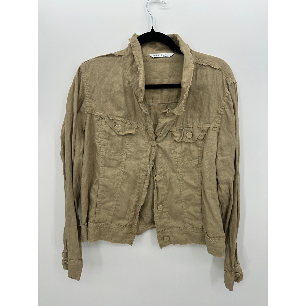 Luna Luz Womens 100% Linen Raw Edge Frayed Button Front Jacket Size L Lagenlook